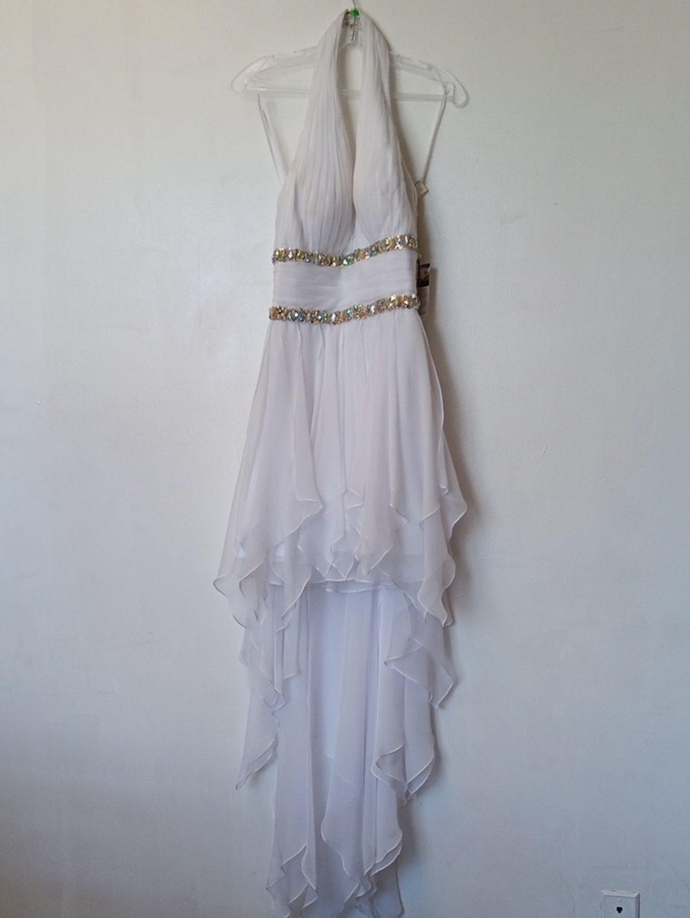 Vintage La Femme White Halter High-Low Chiffon Dress with Beaded Waistband